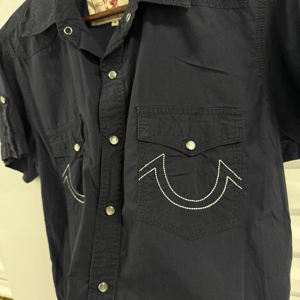 True Religion Mens Medium Navy Western Pearl Snap Shirt Made USA Y2K Graphic